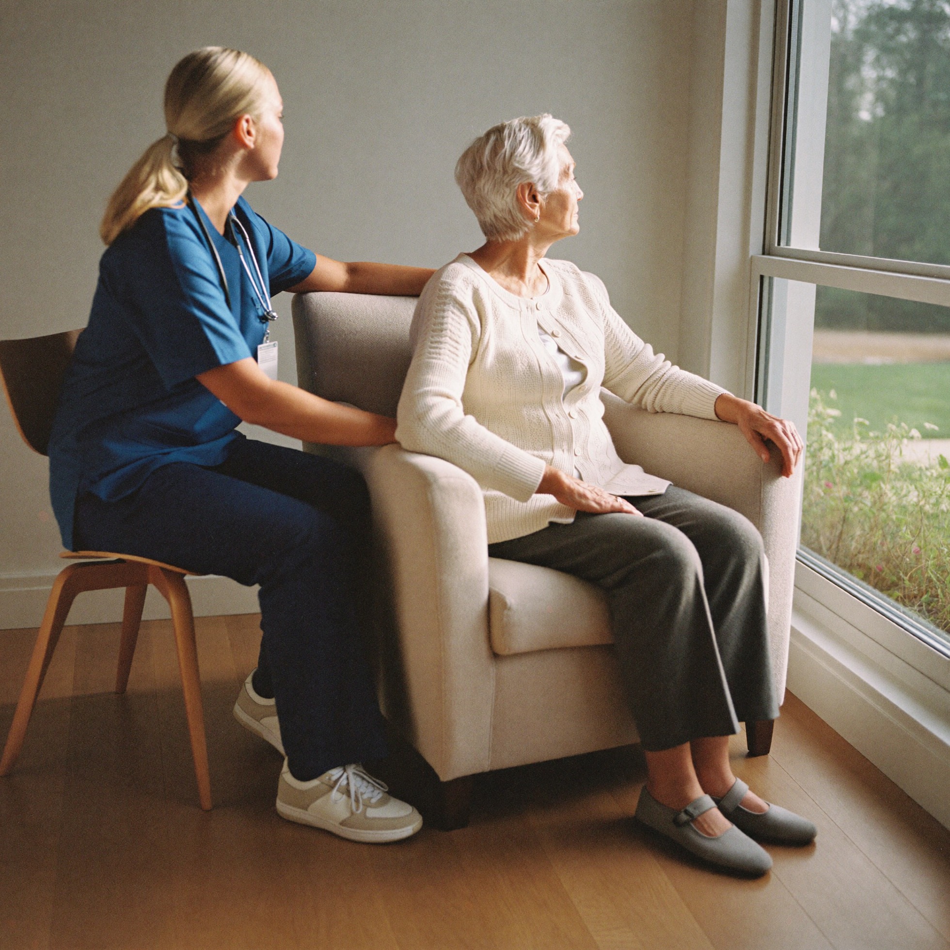 A caregiver and a resident looking out at a garden